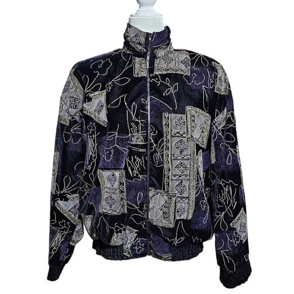 Vintage 80's Gantos black, purple & gold bomber velvet shoulder pad jacket Small - Picture 1 of 9